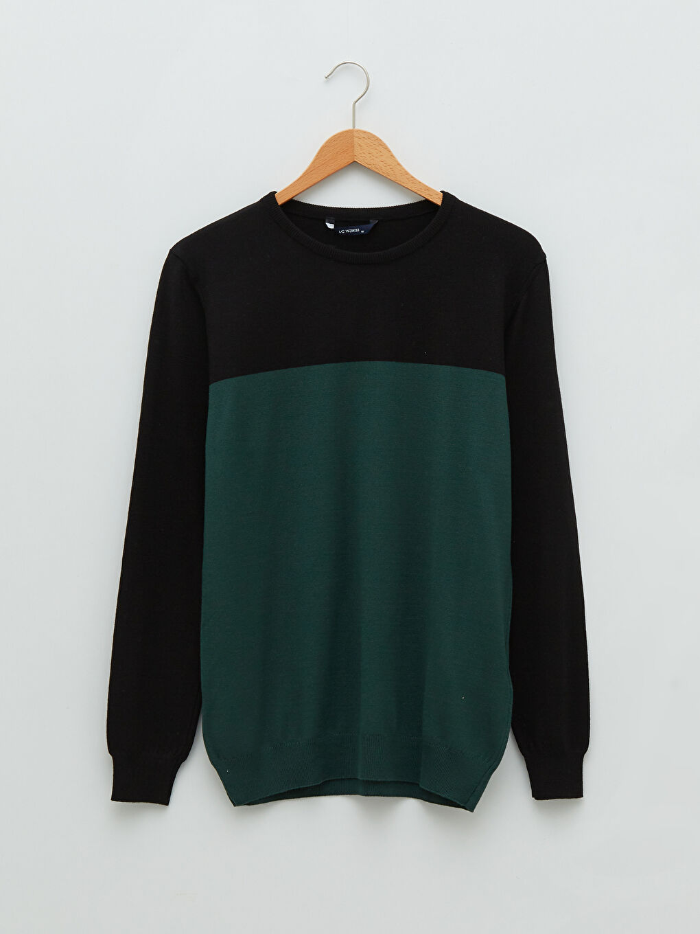 Yeşil Bisiklet Yaka Uzun Kollu Renk Bloklu İnce Erkek Triko Kazak-5