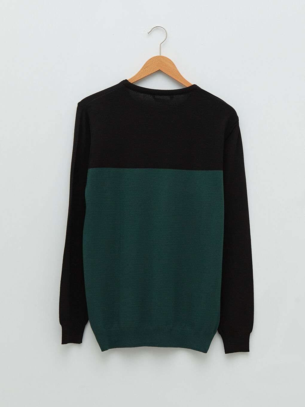 Yeşil Bisiklet Yaka Uzun Kollu Renk Bloklu İnce Erkek Triko Kazak-6