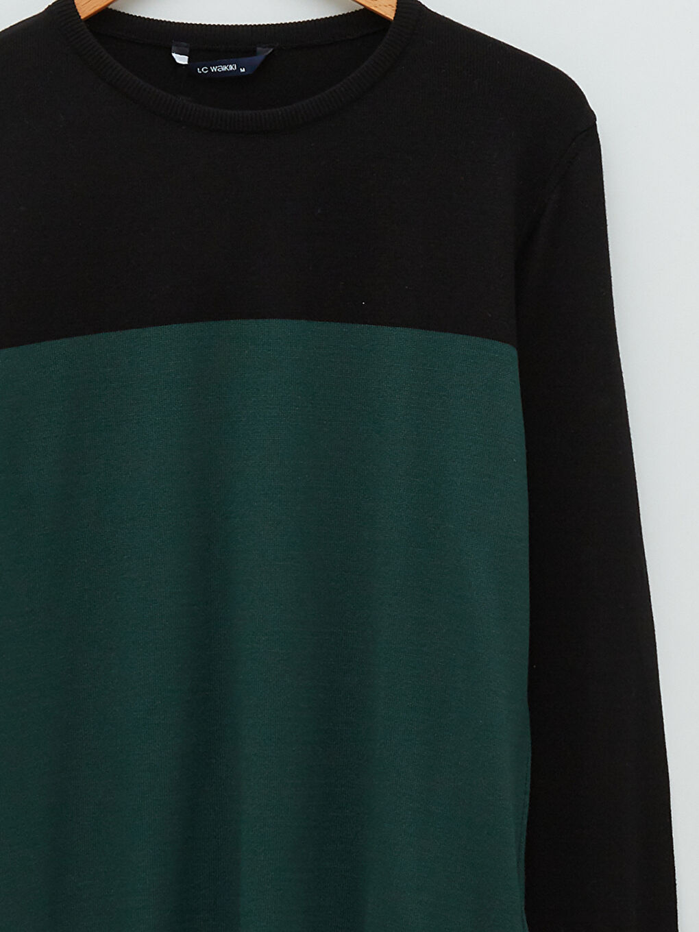 Yeşil Bisiklet Yaka Uzun Kollu Renk Bloklu İnce Erkek Triko Kazak-7