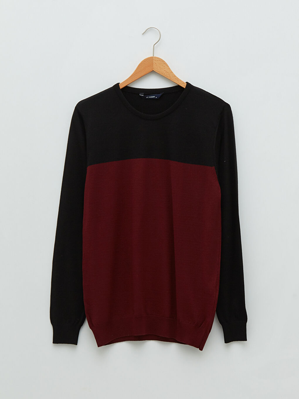 Bordo Bisiklet Yaka Uzun Kollu Renk Bloklu İnce Erkek Triko Kazak-5