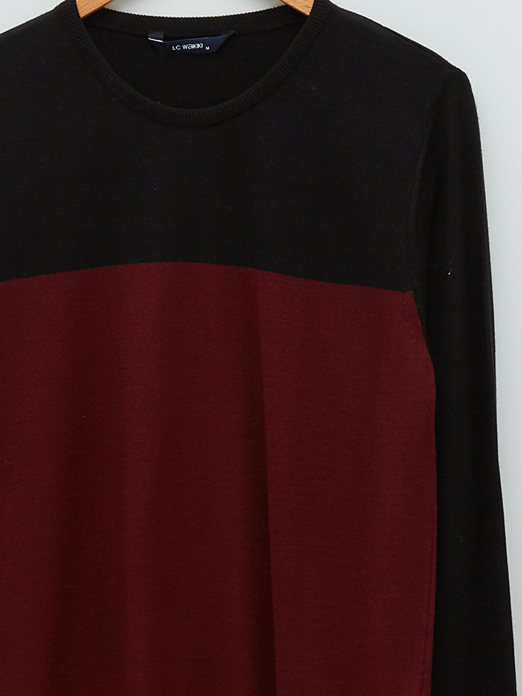 Bordo Bisiklet Yaka Uzun Kollu Renk Bloklu İnce Erkek Triko Kazak-7