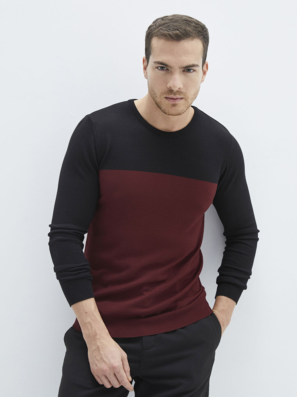 Bordo Bisiklet Yaka Uzun Kollu Renk Bloklu İnce Erkek Triko Kazak