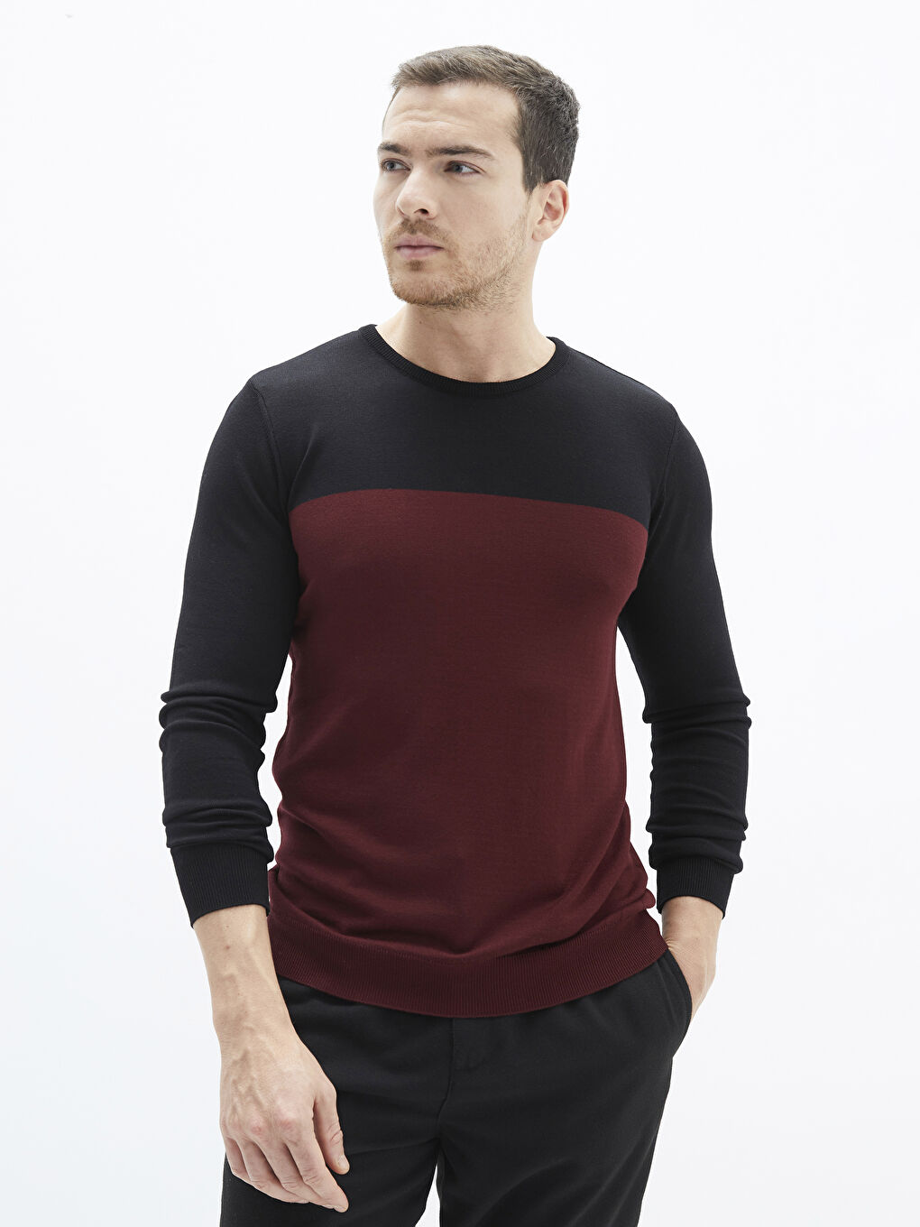 Bordo Bisiklet Yaka Uzun Kollu Renk Bloklu İnce Erkek Triko Kazak-1