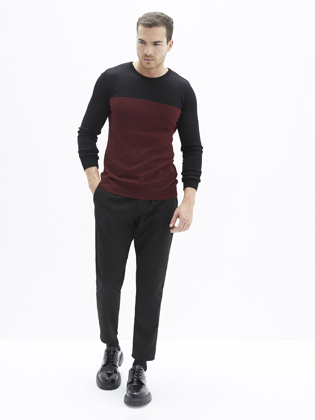 Bordo Bisiklet Yaka Uzun Kollu Renk Bloklu İnce Erkek Triko Kazak-2