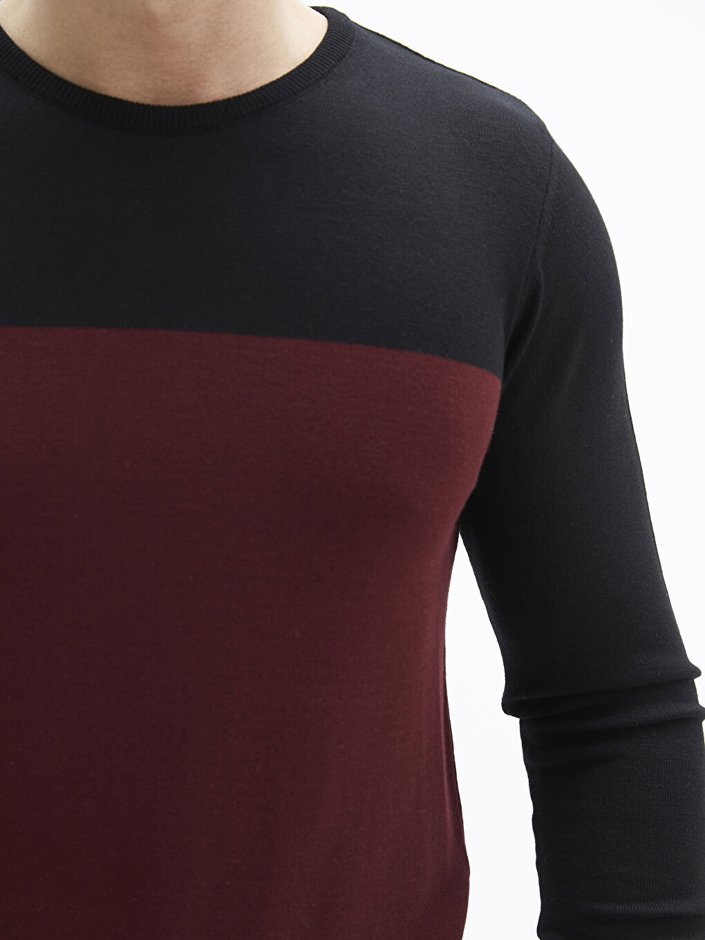 Bordo Bisiklet Yaka Uzun Kollu Renk Bloklu İnce Erkek Triko Kazak-3