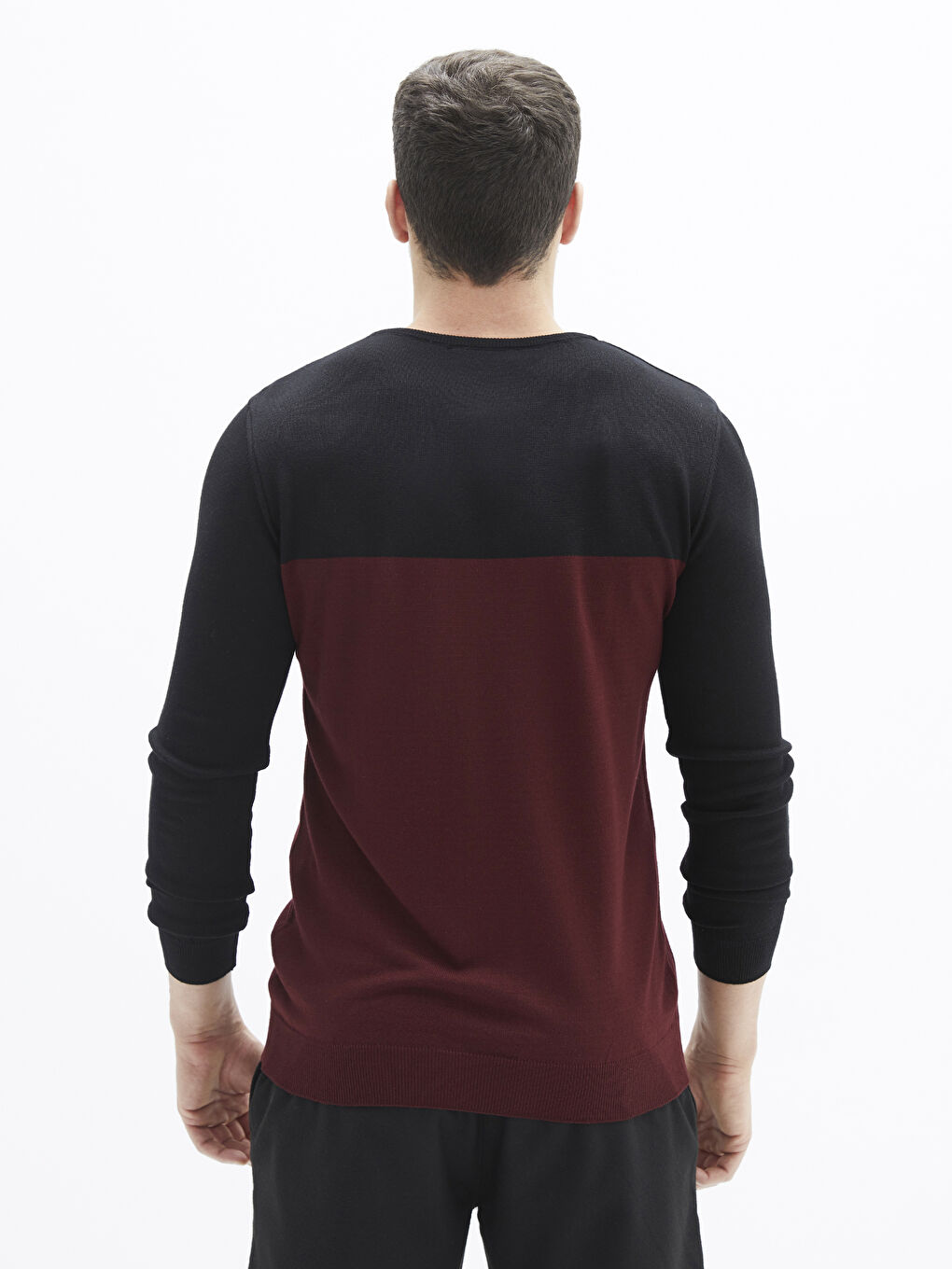 Bordo Bisiklet Yaka Uzun Kollu Renk Bloklu İnce Erkek Triko Kazak-4