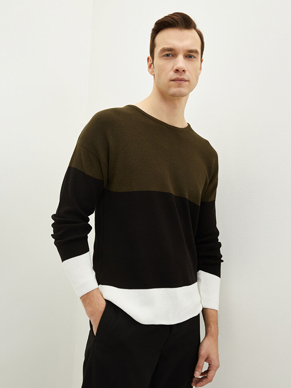 Haki Bisiklet Yaka Uzun Kollu Renk Bloklu Erkek Triko Kazak