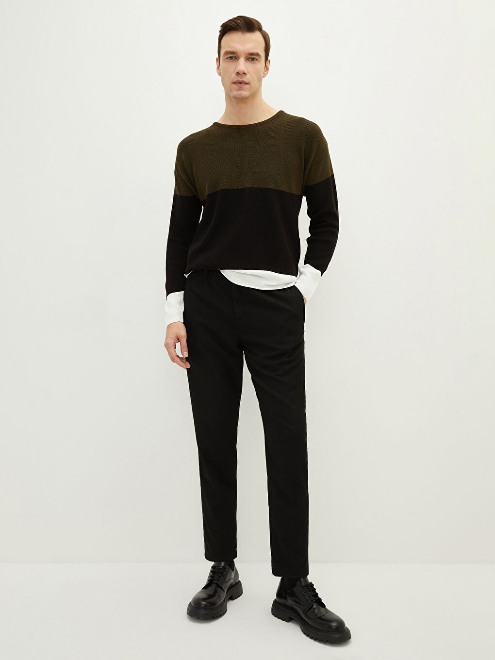 Haki Bisiklet Yaka Uzun Kollu Renk Bloklu Erkek Triko Kazak-1