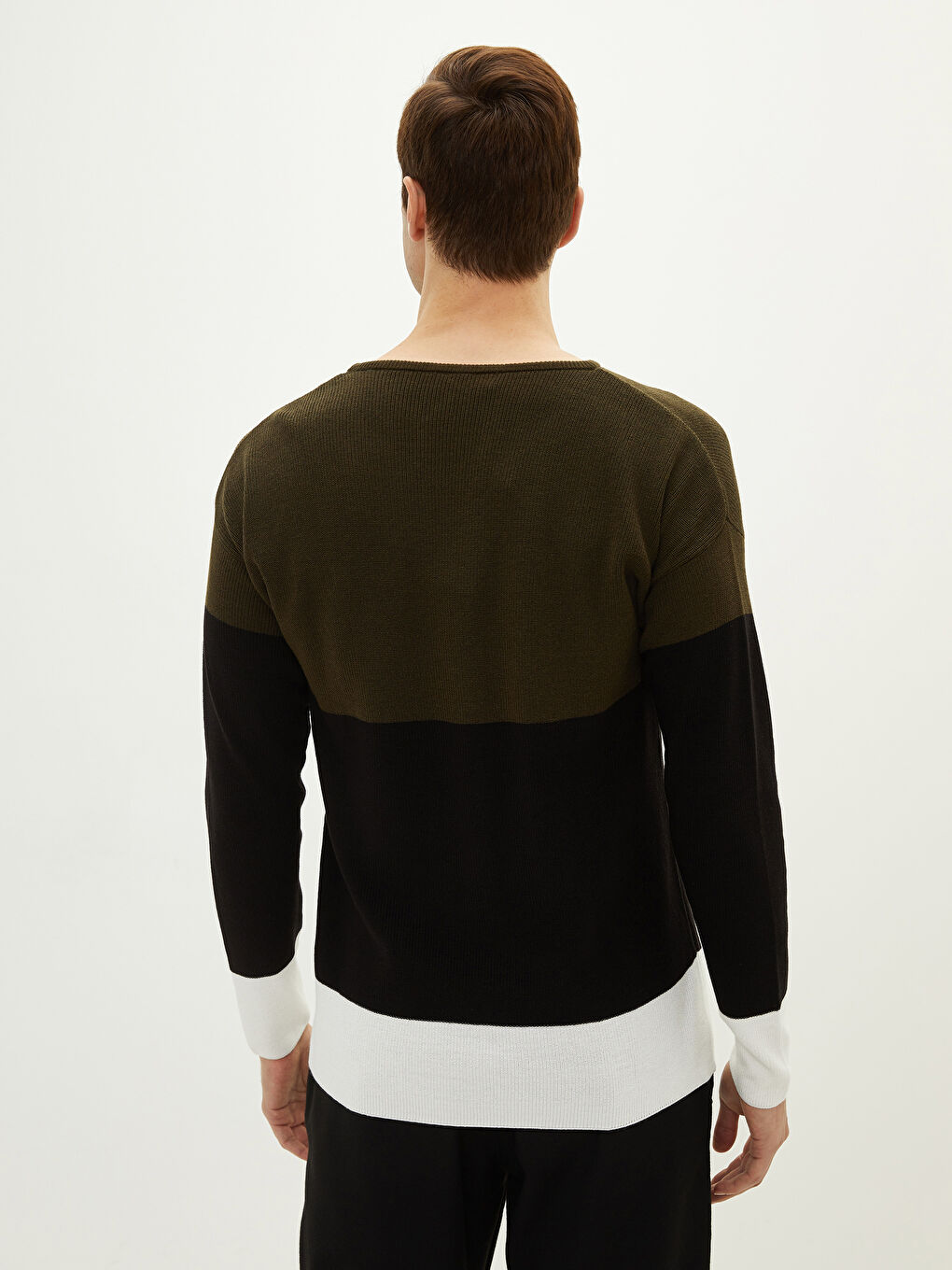 Haki Bisiklet Yaka Uzun Kollu Renk Bloklu Erkek Triko Kazak-4