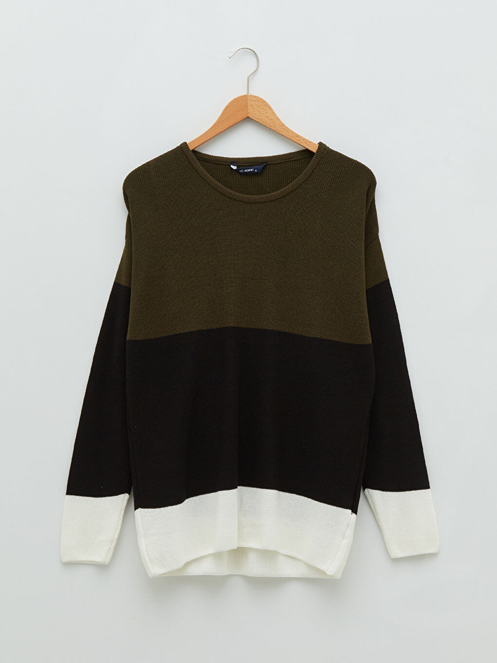 Haki Bisiklet Yaka Uzun Kollu Renk Bloklu Erkek Triko Kazak-5