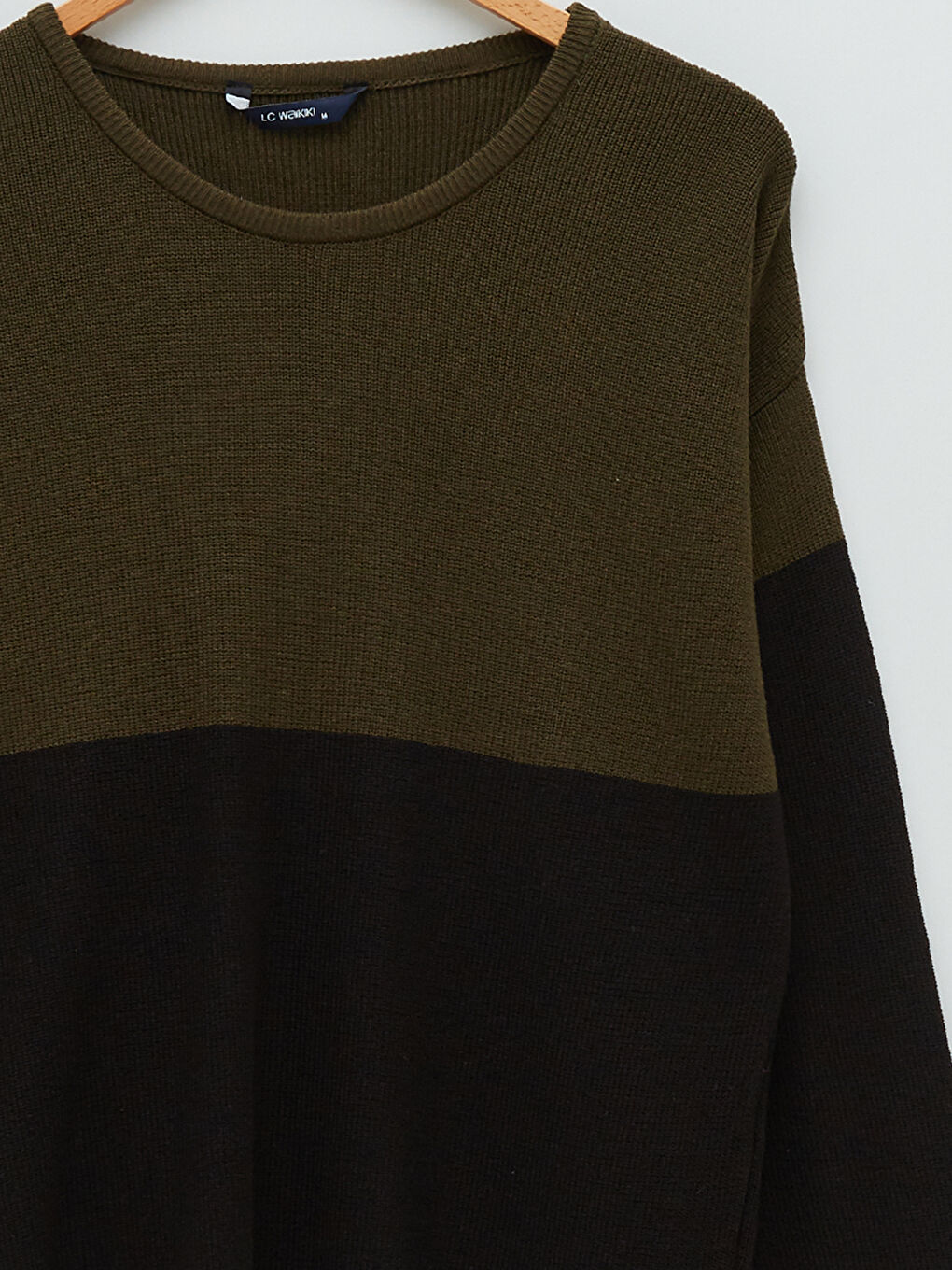 Haki Bisiklet Yaka Uzun Kollu Renk Bloklu Erkek Triko Kazak-7