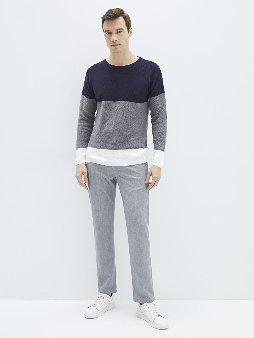 Lacivert Bisiklet Yaka Uzun Kollu Renk Bloklu Erkek Triko Kazak-2