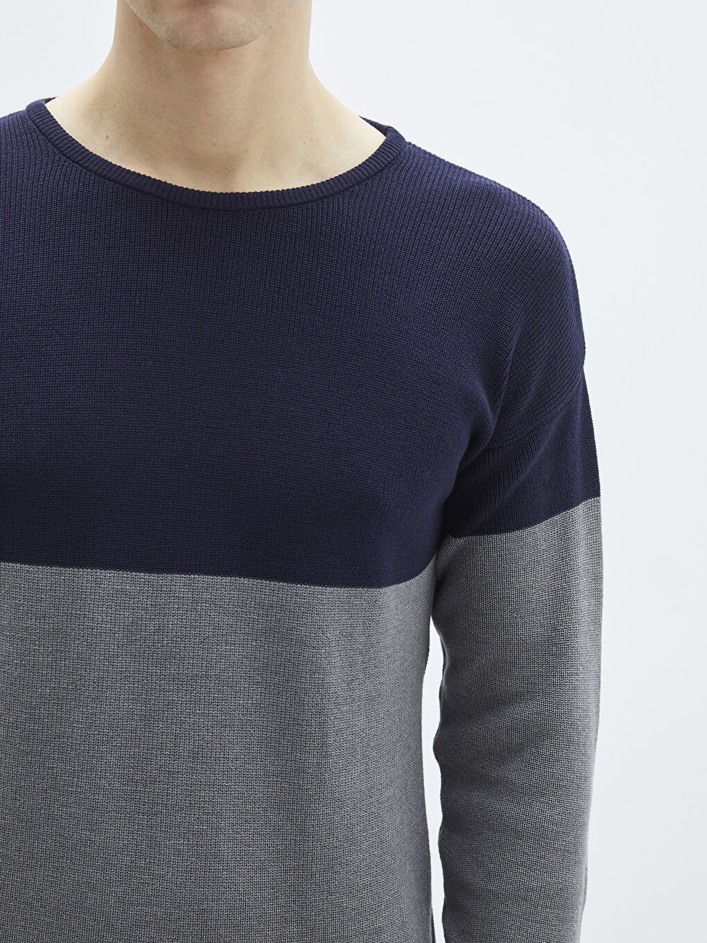 Lacivert Bisiklet Yaka Uzun Kollu Renk Bloklu Erkek Triko Kazak-3