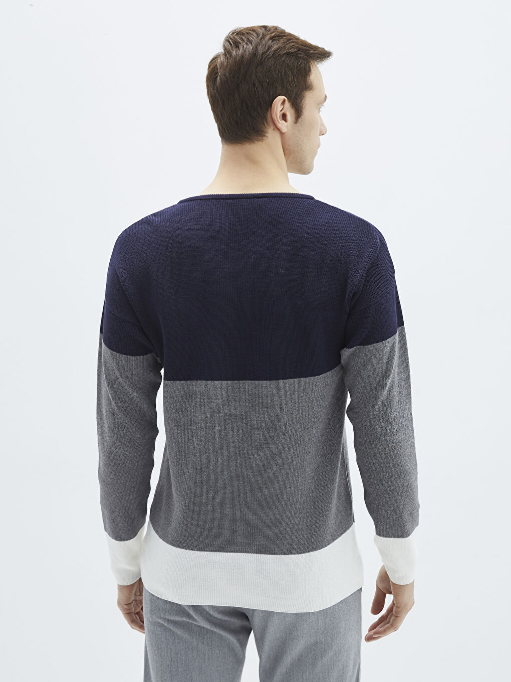 Lacivert Bisiklet Yaka Uzun Kollu Renk Bloklu Erkek Triko Kazak-4