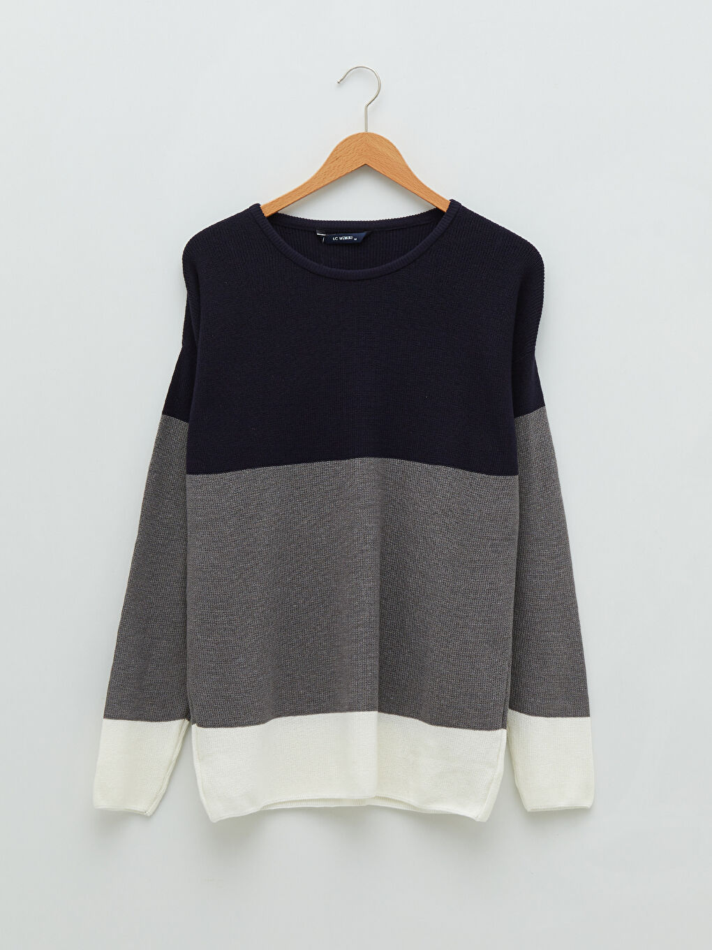 Lacivert Bisiklet Yaka Uzun Kollu Renk Bloklu Erkek Triko Kazak-5