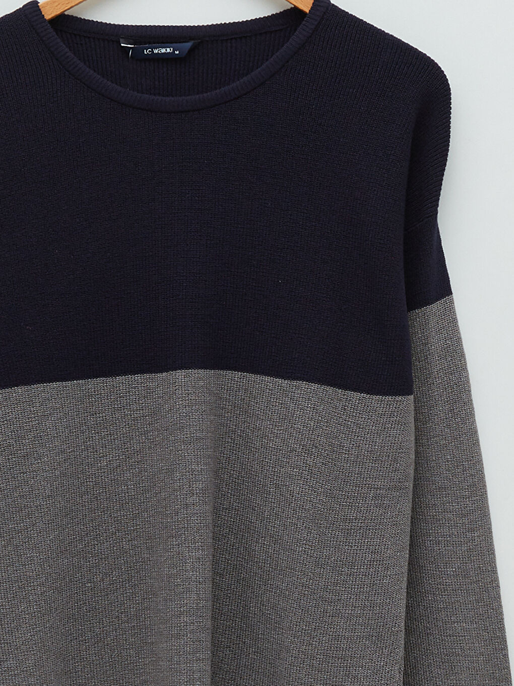 Lacivert Bisiklet Yaka Uzun Kollu Renk Bloklu Erkek Triko Kazak-7