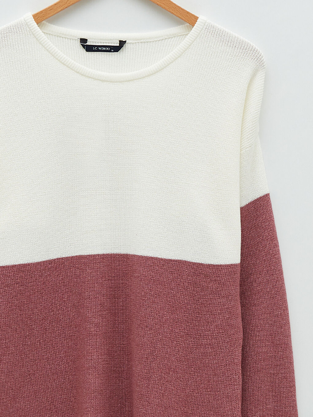 Beyaz Bisiklet Yaka Uzun Kollu Renk Bloklu Erkek Triko Kazak-7