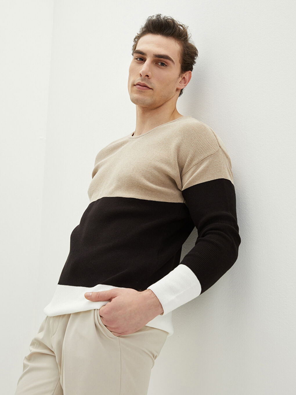 Bej Bisiklet Yaka Uzun Kollu Renk Bloklu Erkek Triko Kazak-1