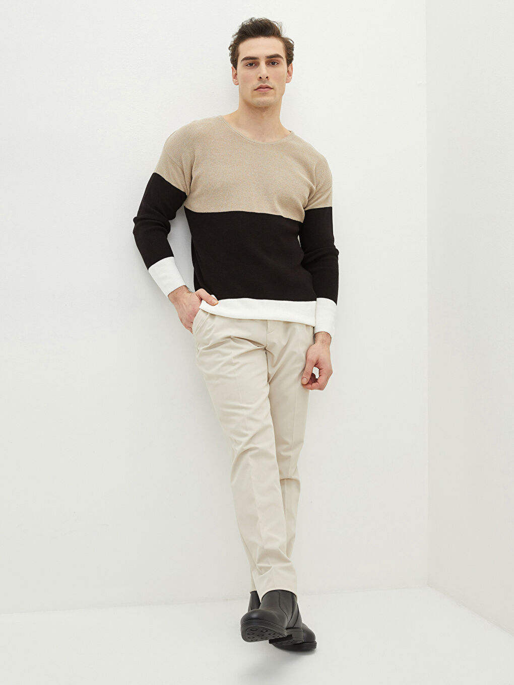 Bej Bisiklet Yaka Uzun Kollu Renk Bloklu Erkek Triko Kazak-2