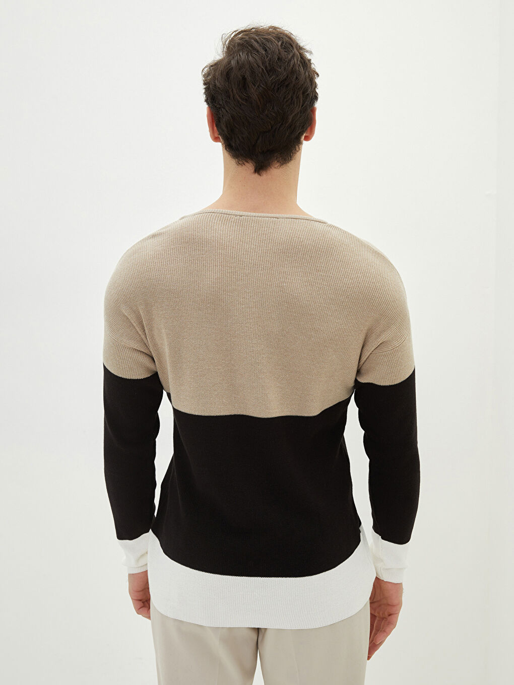 Bej Bisiklet Yaka Uzun Kollu Renk Bloklu Erkek Triko Kazak-4