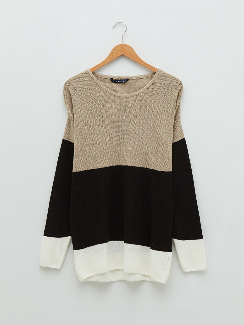 Bej Bisiklet Yaka Uzun Kollu Renk Bloklu Erkek Triko Kazak-5