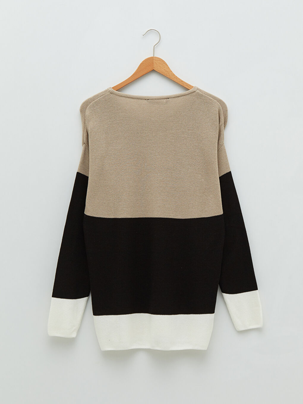 Bej Bisiklet Yaka Uzun Kollu Renk Bloklu Erkek Triko Kazak-6