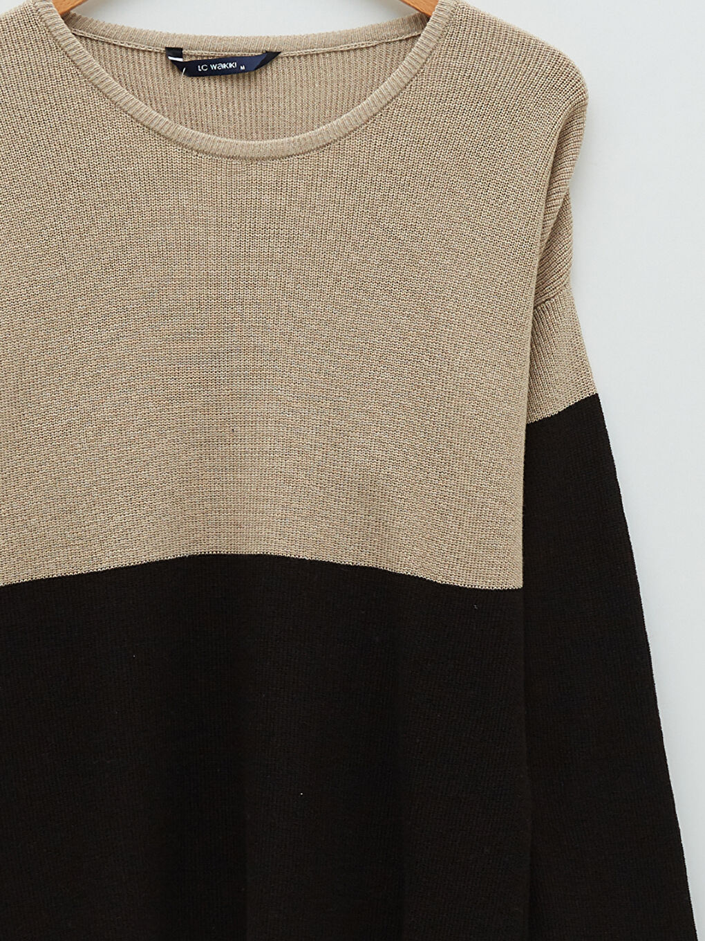 Bej Bisiklet Yaka Uzun Kollu Renk Bloklu Erkek Triko Kazak-7