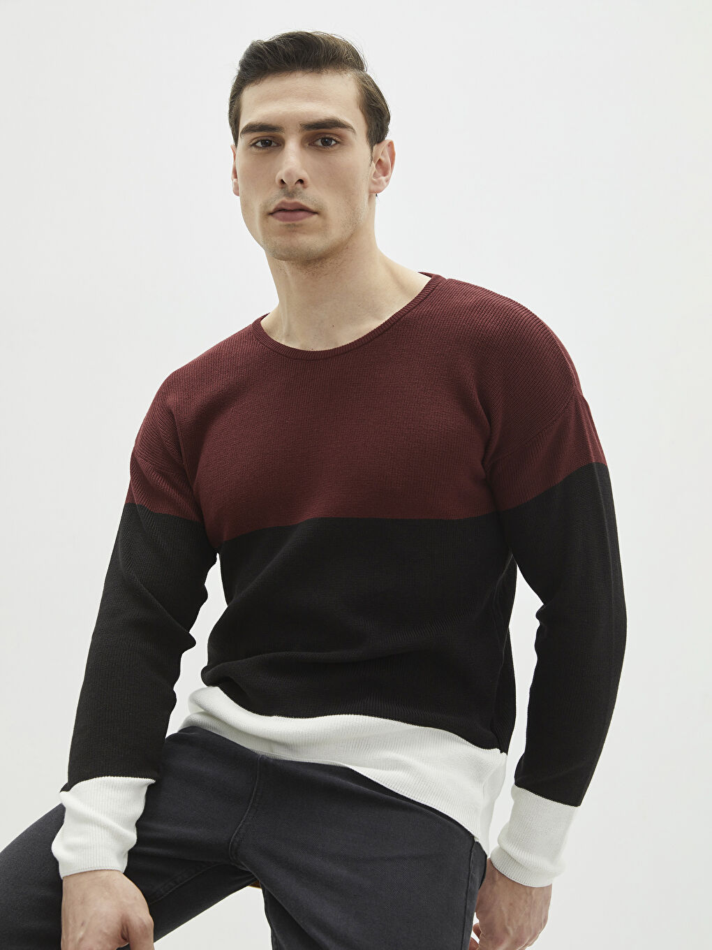 Bordo Bisiklet Yaka Uzun Kollu Renk Bloklu Erkek Triko Kazak