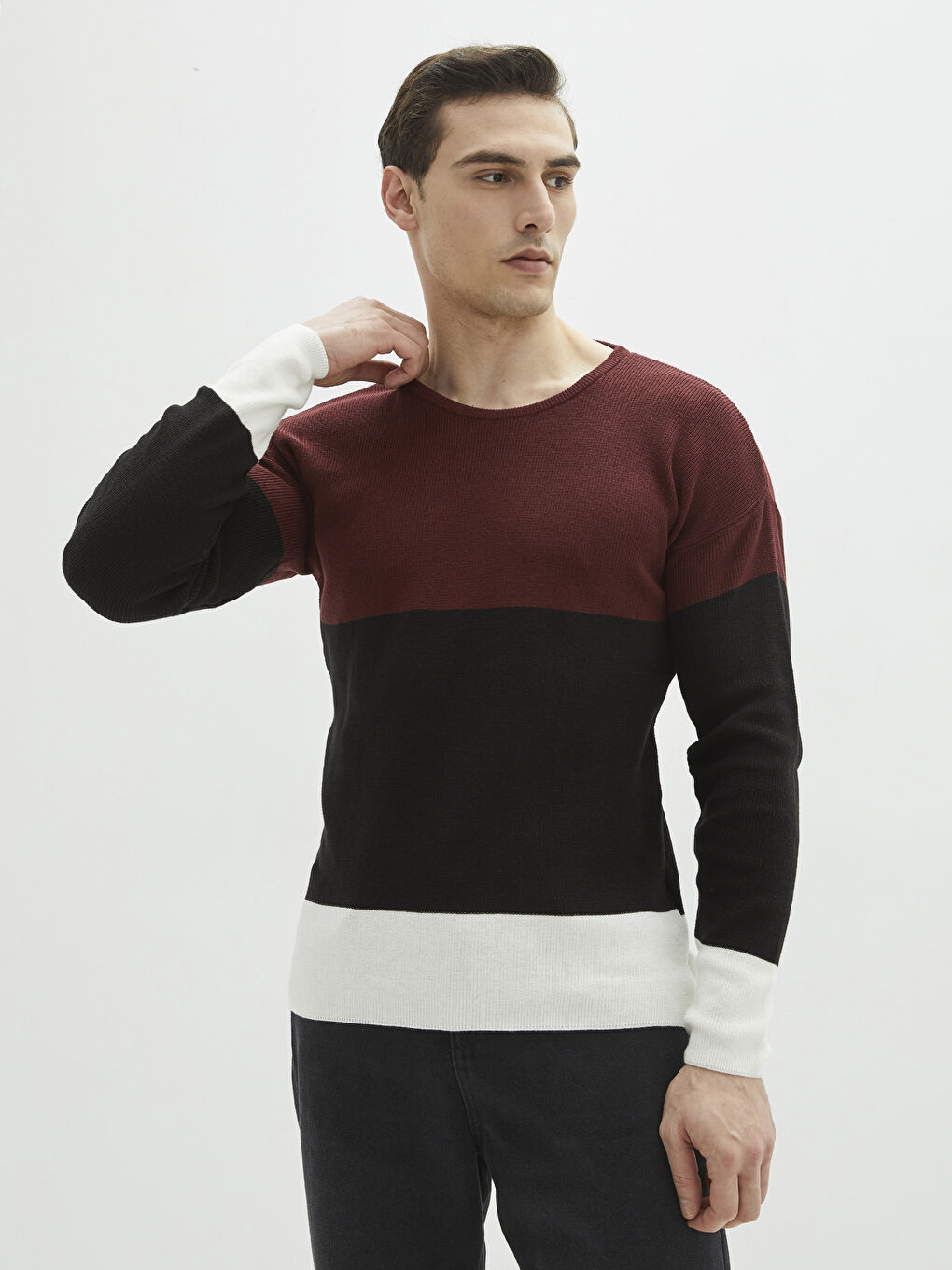 Bordo Bisiklet Yaka Uzun Kollu Renk Bloklu Erkek Triko Kazak-1