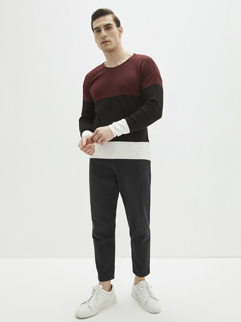 Bordo Bisiklet Yaka Uzun Kollu Renk Bloklu Erkek Triko Kazak-2