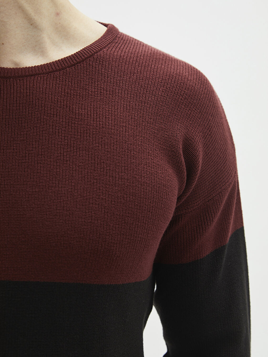 Bordo Bisiklet Yaka Uzun Kollu Renk Bloklu Erkek Triko Kazak-3