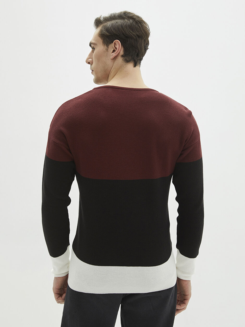 Bordo Bisiklet Yaka Uzun Kollu Renk Bloklu Erkek Triko Kazak-4