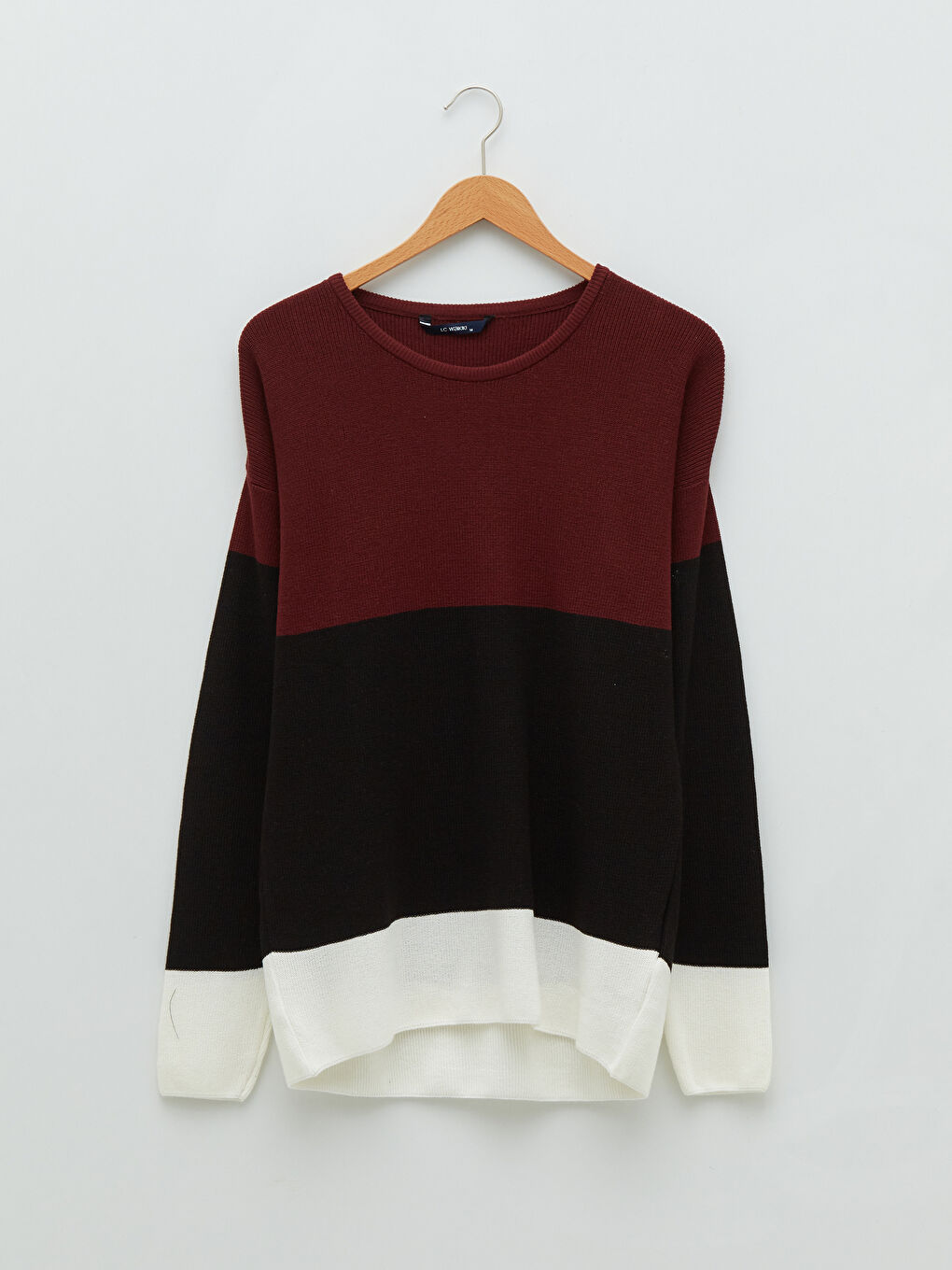 Bordo Bisiklet Yaka Uzun Kollu Renk Bloklu Erkek Triko Kazak-5