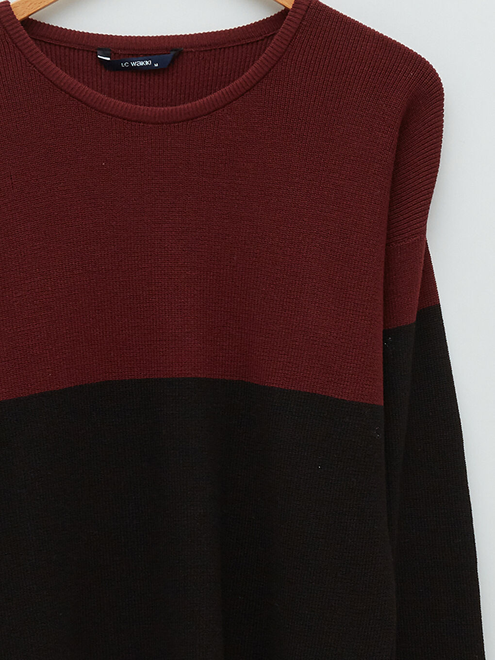 Bordo Bisiklet Yaka Uzun Kollu Renk Bloklu Erkek Triko Kazak-7