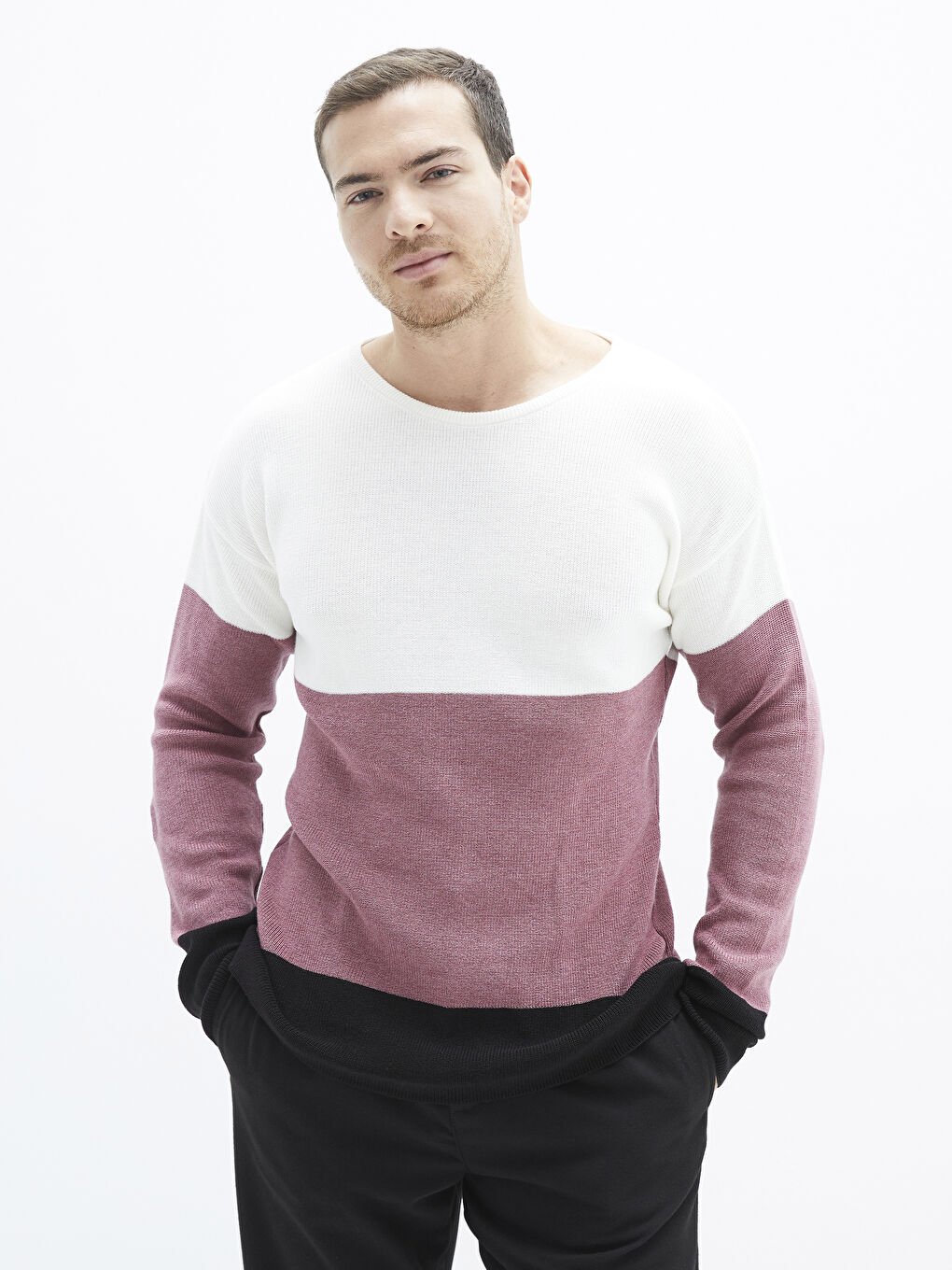 Beyaz Bisiklet Yaka Uzun Kollu Renk Bloklu Erkek Triko Kazak-1