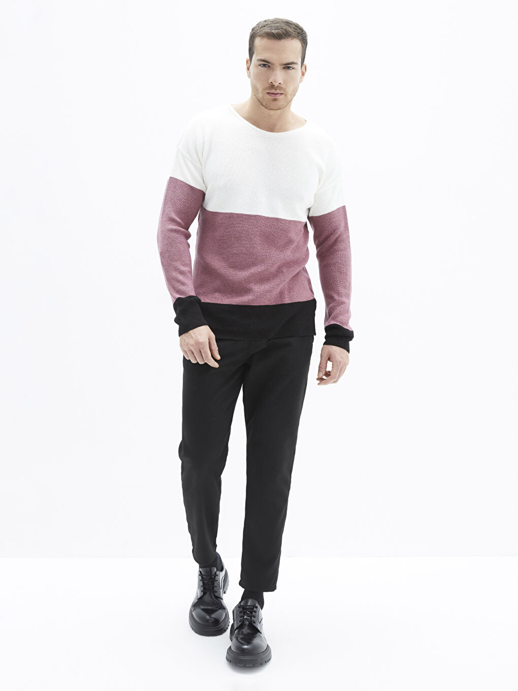 Beyaz Bisiklet Yaka Uzun Kollu Renk Bloklu Erkek Triko Kazak-2