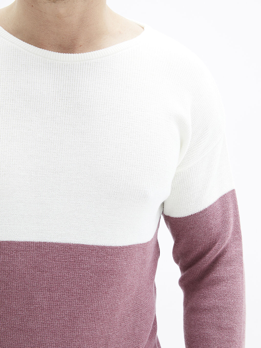 Beyaz Bisiklet Yaka Uzun Kollu Renk Bloklu Erkek Triko Kazak-3