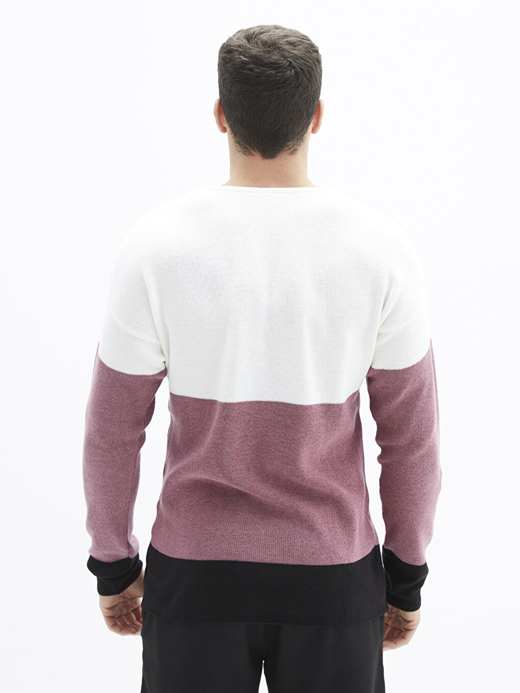 Beyaz Bisiklet Yaka Uzun Kollu Renk Bloklu Erkek Triko Kazak-4