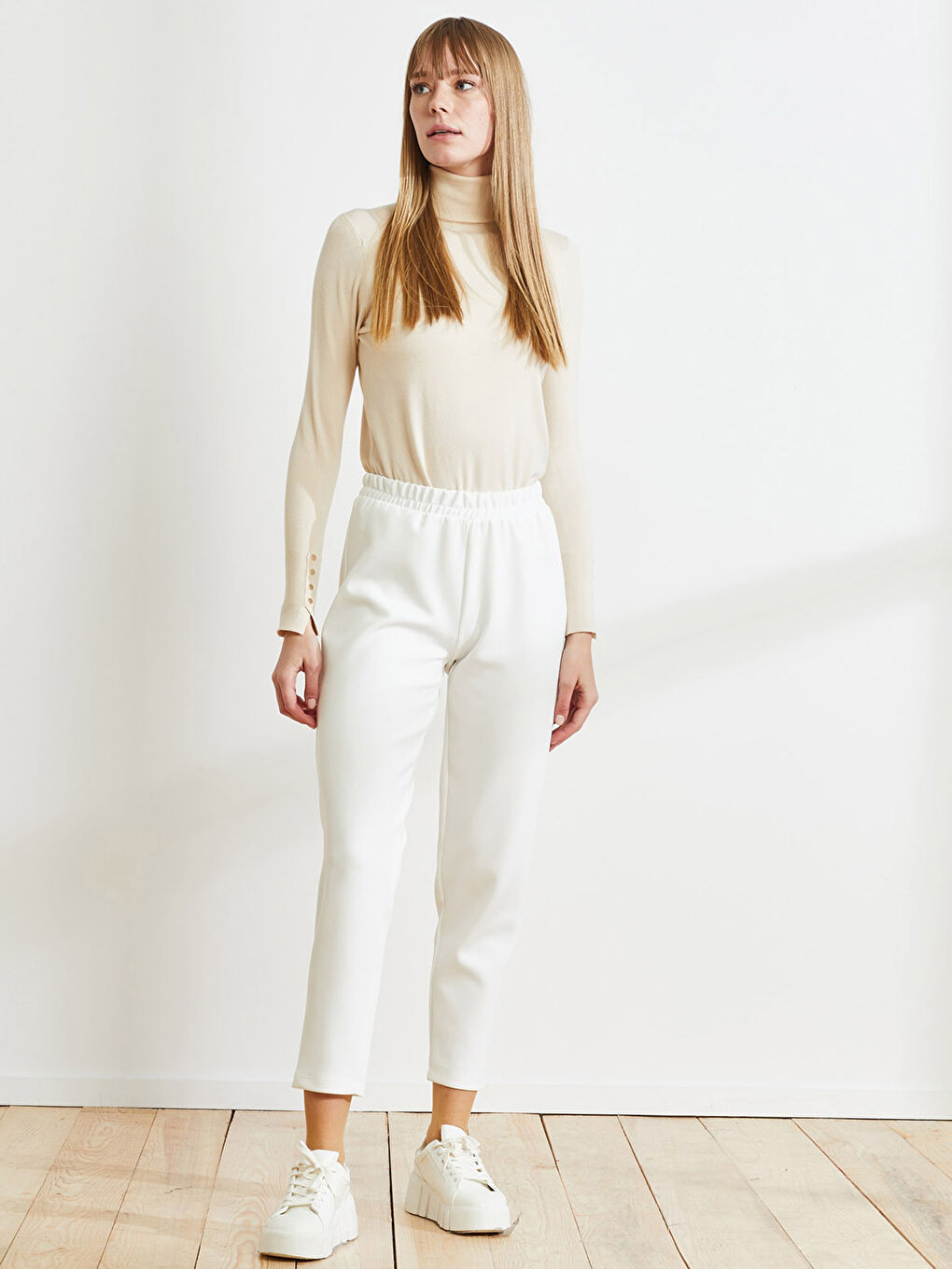 Elastic Waist Straight Diving Fabric Women's Carrot Trousers