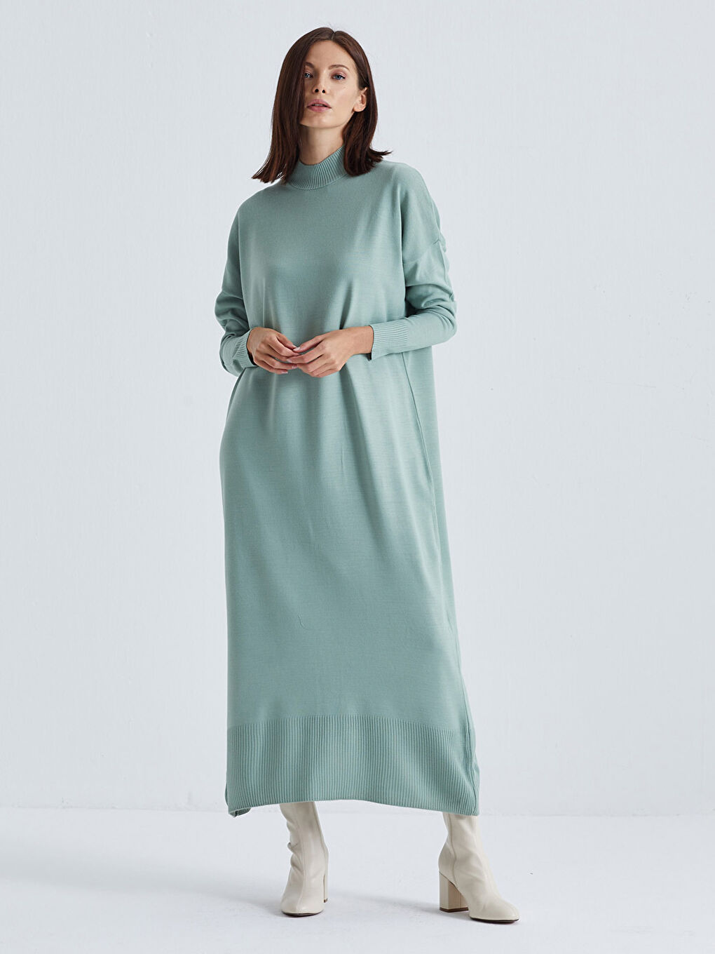 Yeşil Yarım Balıkçı Yaka Kadın Triko Elbise