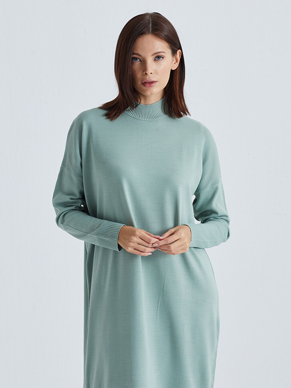 Yeşil Yarım Balıkçı Yaka Kadın Triko Elbise-1