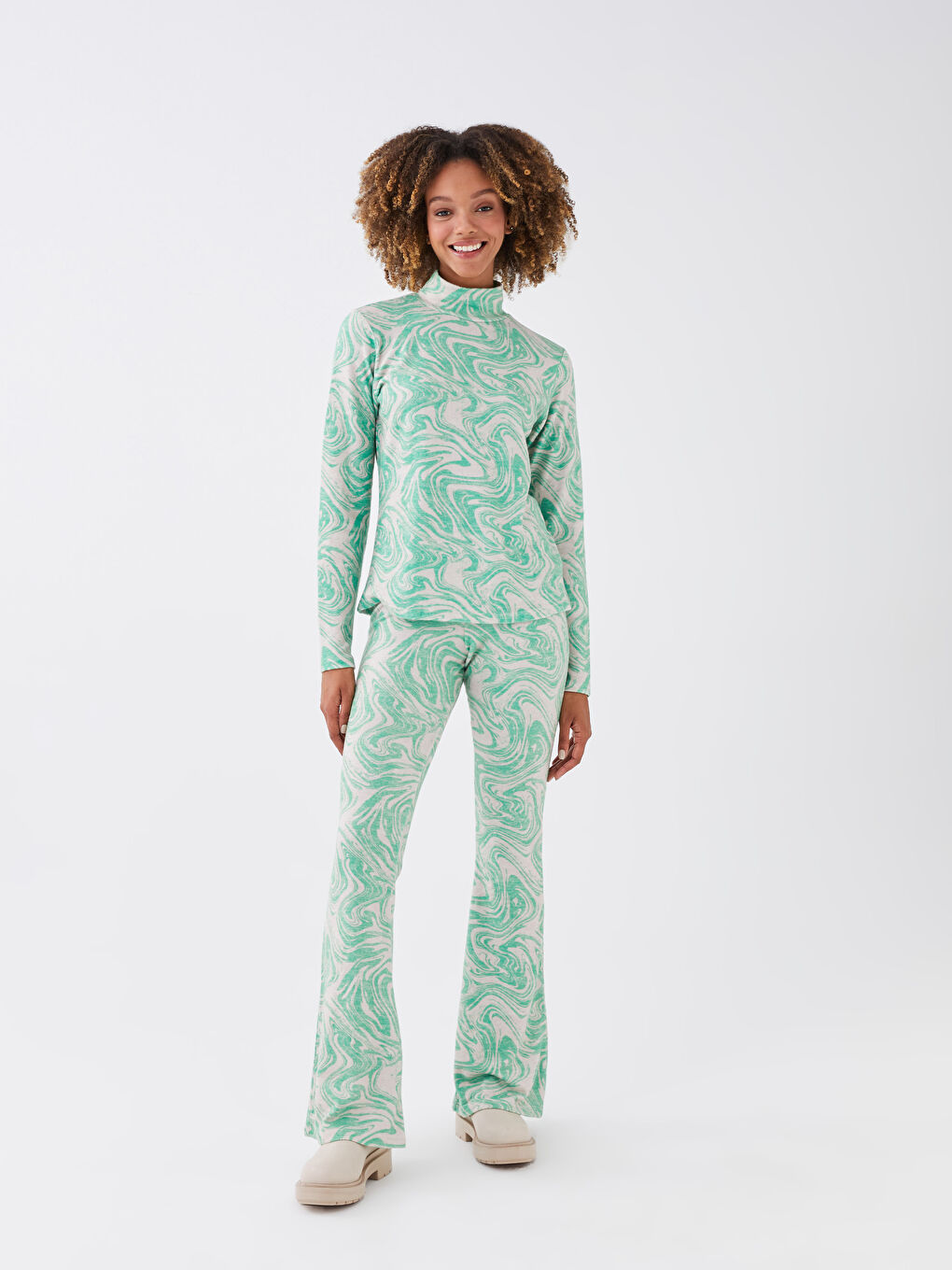 Yeşil Beli Lastikli Desenli Kadın Pantolon