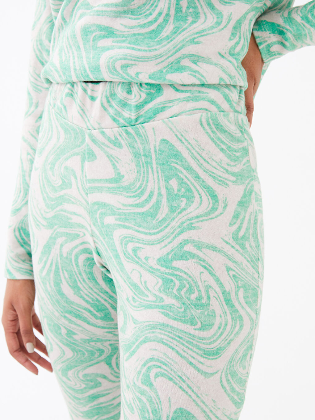 Yeşil Beli Lastikli Desenli Kadın Pantolon-2