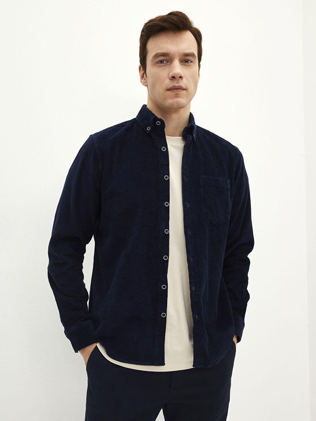 قميص رجالي كم طويل قطيفة عادي-1