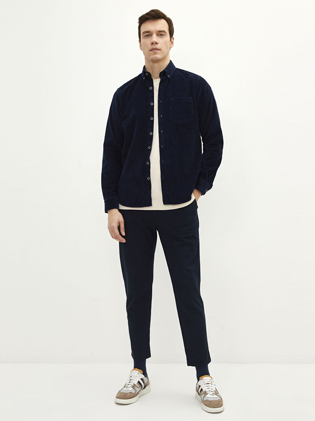 قميص رجالي كم طويل قطيفة عادي-2