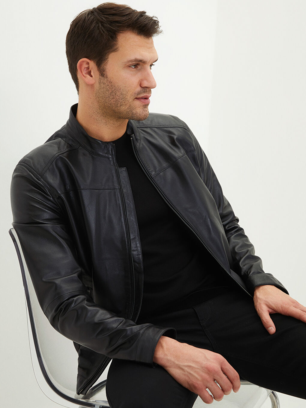 Siyah Standart Kalıp Dik Yaka Erkek Deri Mont