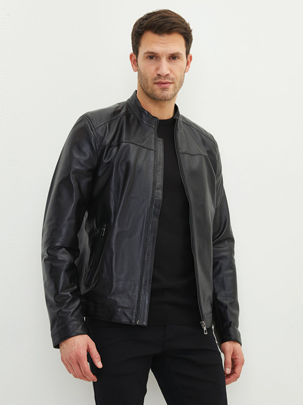 Siyah Standart Kalıp Dik Yaka Erkek Deri Mont-1