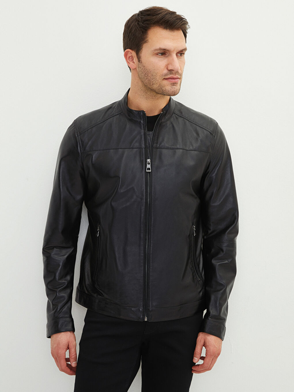 Siyah Standart Kalıp Dik Yaka Erkek Deri Mont-2