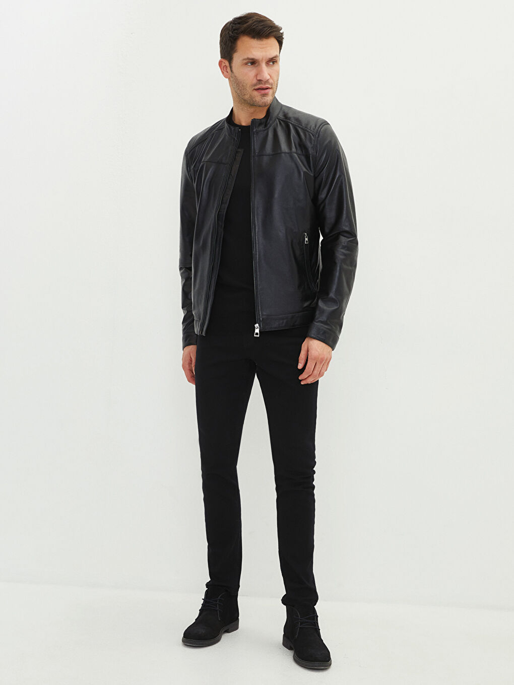 Siyah Standart Kalıp Dik Yaka Erkek Deri Mont-3