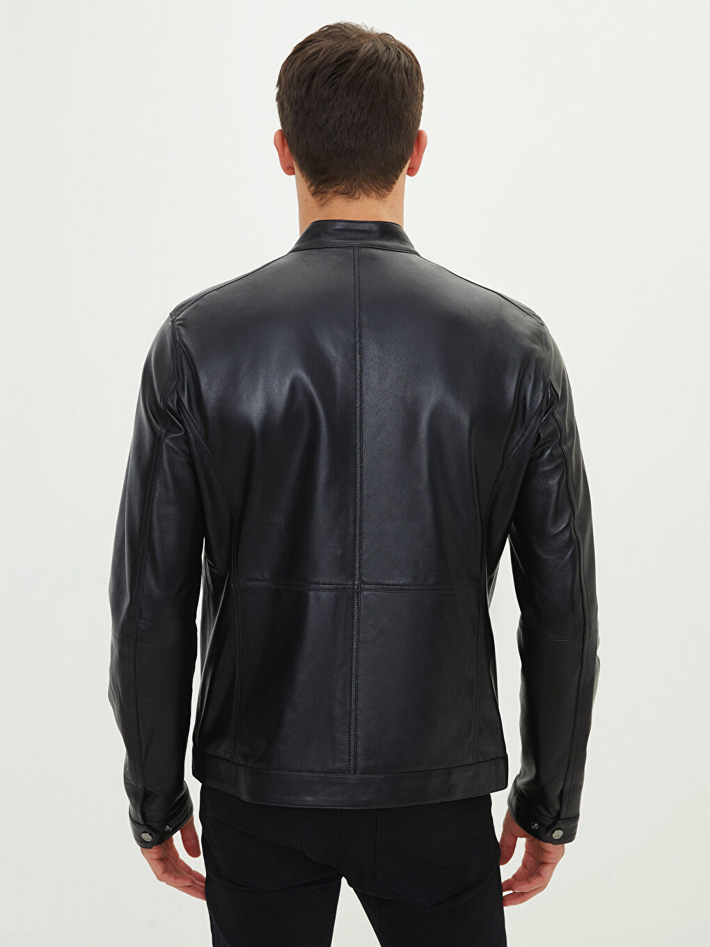 Siyah Standart Kalıp Dik Yaka Erkek Deri Mont-6